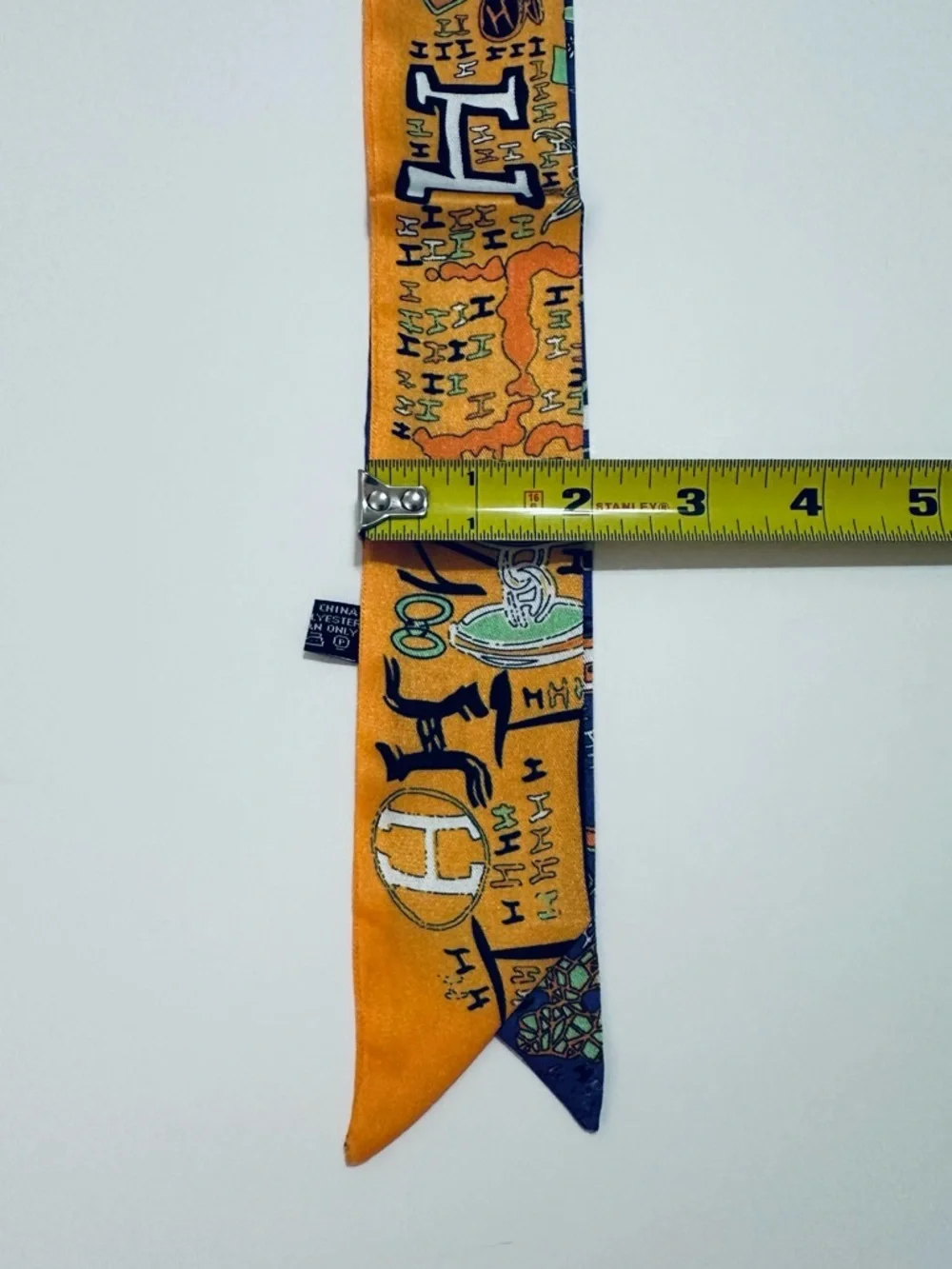 BLUE ORANGE ABSTRACT STORY PRINT SKINNY SCARF BAG HANDLE HAIR RIBBON NECK TIE